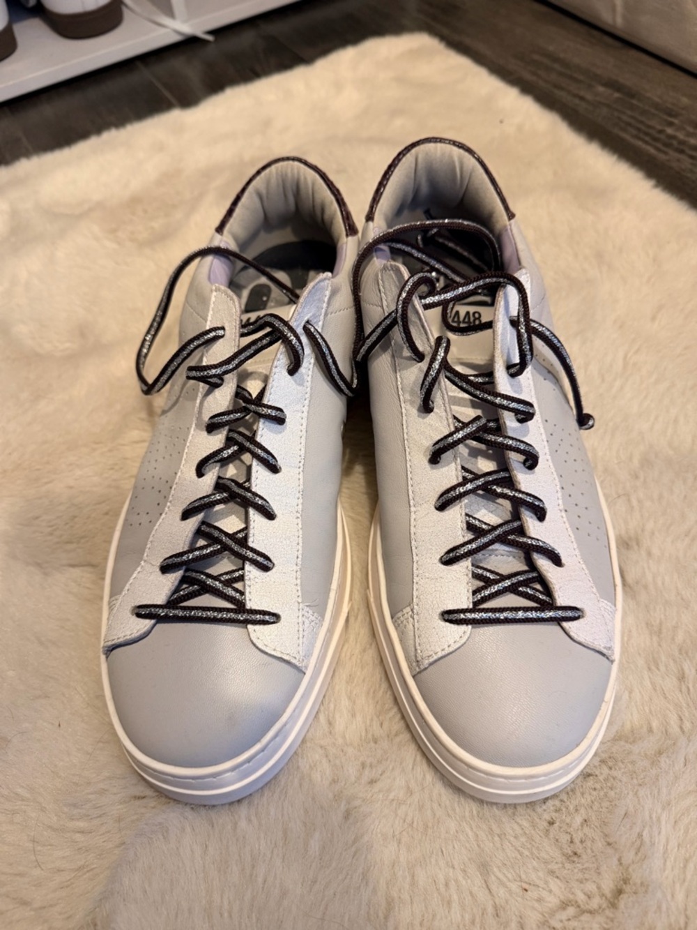 P448 Women's Low-Top Sneakers in Light Gray and White with Black Trim
